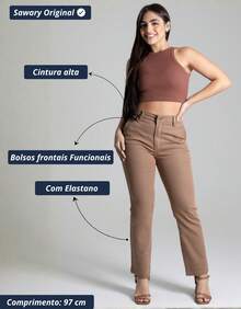 Calça Reta Feminina Sawary Jeans Original Cintura Alta Lycra Elastano Marrom Confortável Elástica Bonita - Marrom - Visão 3