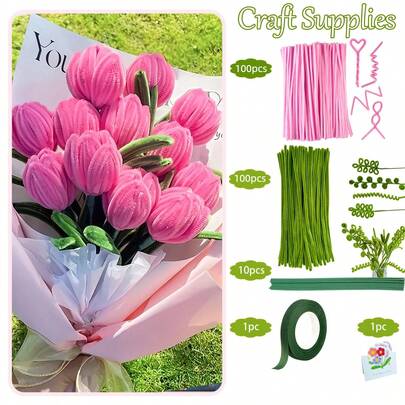 212pcs Purple, Pink, Blue, Orange, White Tulip & Lily Handmade Craft Set - DIY Tube Cleaner Making Supplies, Fabric & Plastic Colorful Tulip Set, Felt Stem Creative Kit, Ideal For Birthday, Mother's Day, Graduation Gifts