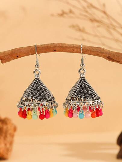 一对复古彩色金字塔形耳环，饰有铃铛、珠子和流苏，适合女性和女孩日常、节日、婚礼和派对佩戴/珠宝礼品