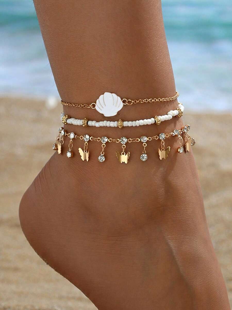 3件套优雅闪亮玻璃水钻蝴蝶流苏脚链，搭配白色米珠，手工串珠饰品，配合金吊坠，适合女性日常佩戴、海滩、派对、音乐节等场合。 - 金色的 - 查看 1