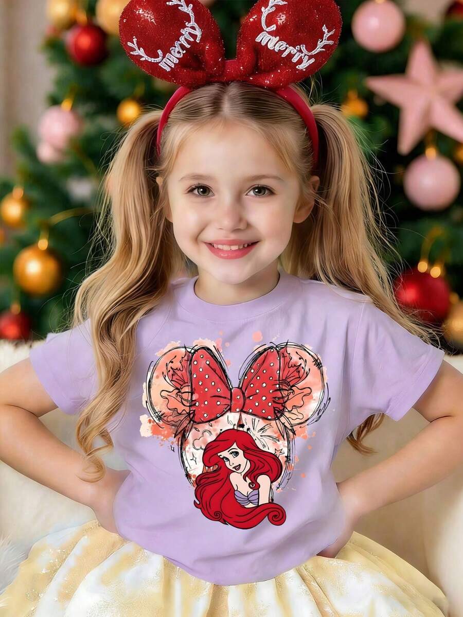 Disney White Background The Ariel Minnie Bow Watercolor Style Print Loose Short Sleeve T-Shirt - Sweet And Cute Casual Top - Mauve Purple - View 1