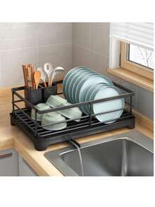 1pc Dish Drying Rack, Space-Saving Dish Rack, Kitchen Counter Dish Rack, Stainless Steel Kitchen Dish Drying Rack With Utensil Holder, Drying Rack For Bowls, Plates, Knives, Spoons And Forks - Black - View 12