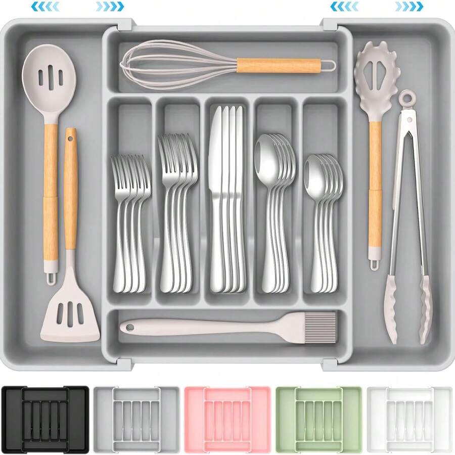 Extra Large Expandable Silverware Organizer, FoodCutlery Flatware Organizer, Kitchen Utensil Drawer Organizer, Adjustable Silverware Holder For Spoons Forks Knives, Gray - Gray (Large) - View 1