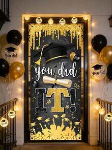 2026 Graduation Season Black & Gold "You Did It" Doorway Curtain, Graduation Cap & Certificate Themed Door Hanging, Graduation Ceremony Decor, Student Graduation Party Backdrop, Black & Gold Glitter Graduation Doorway Curtain - Black - View 3