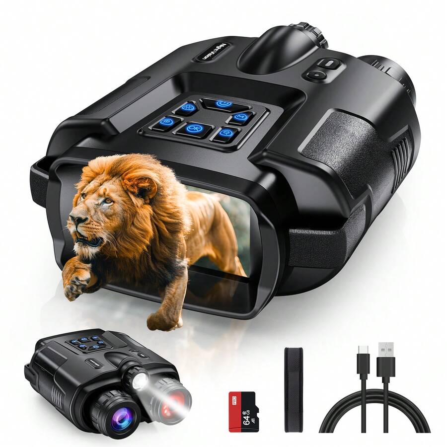 Jumelles de vision nocturne 4K – Équipées d'une lampe torche, idéales pour l'éclairage, la signalisation et l'observation lors de vos sorties camping ou chasse, ces jumelles de vision nocturne pour adultes disposent d'un écran de 3 pouces, d'un zoom numérique 8x et d'une mémoire de 64 Go pour stocker photos, cartes et vidéos. Un cadeau unique et parfait pour les amoureux de la nature, les passionnés de camping et bien plus encore. - Noir - Voir 1