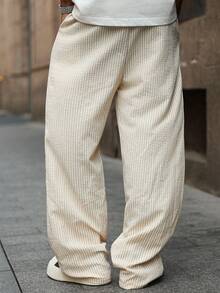 男士休闲宽松直筒裤，轻盈透气面料，休闲运动裤，条纹编织，杏色，春夏款 - 杏色 - 查看 4