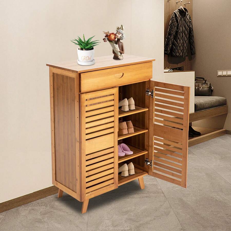 4-Tier Bamboo Shoe Cabinet With 2 Doors & Drawer, 35.4
