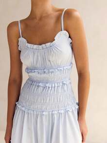 Summer Maxi Dresses For Women, Smocked Spaghetti Strap Long Dress, Flowy Boho Beach Sundresses - 淺藍色 - 查看 5