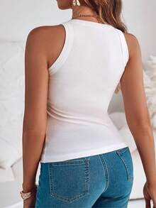 Tops de mujer con sujetador incorporado, camisetas sin mangas de espalda de tirantes, tops ajustados de canalé casuales - Blanco - Ver 4