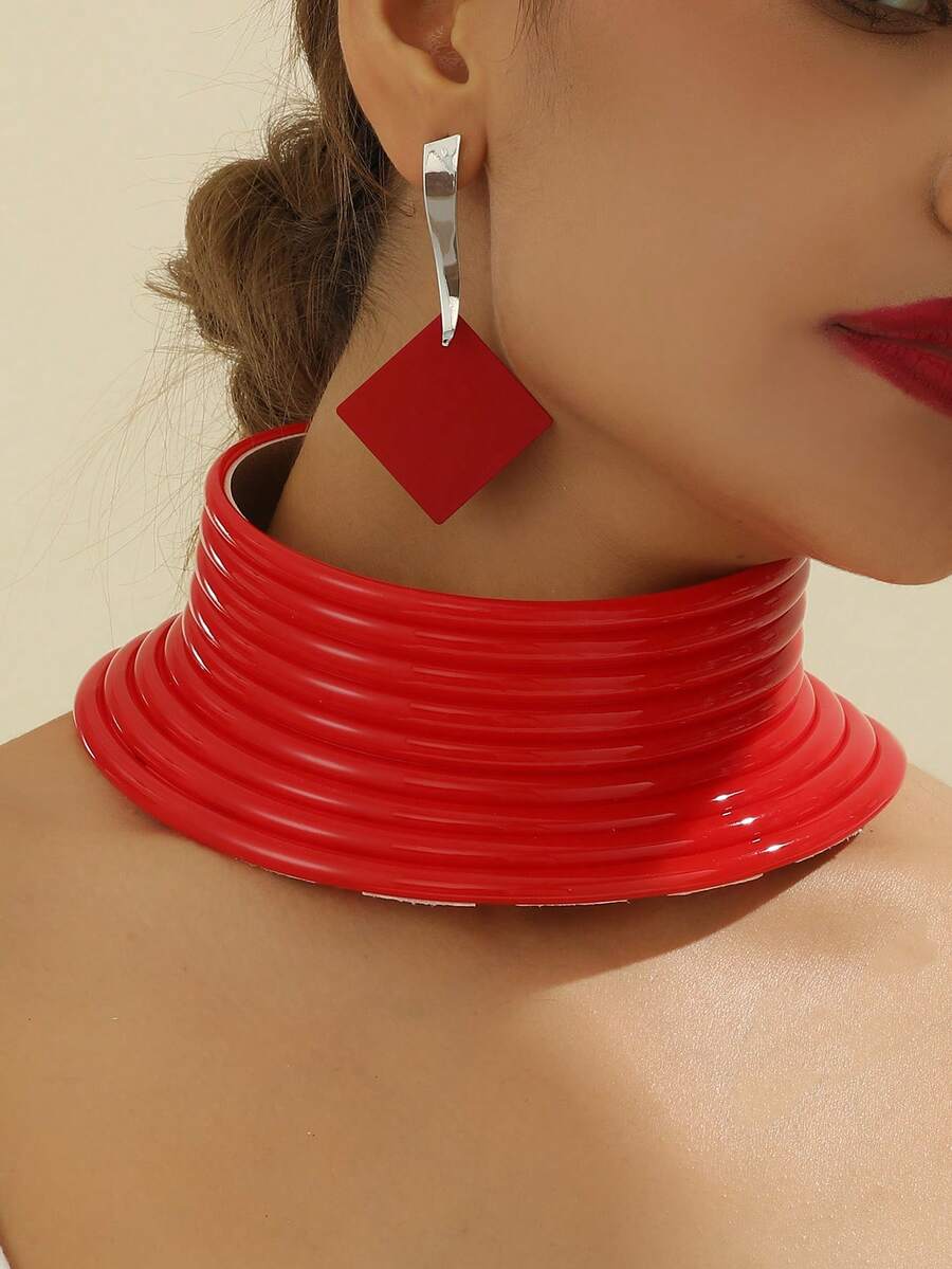 1 Conjunto Artesanal de Joias de Couro, Colar, Pulseira e Brincos de Couro PU da Moda, Estilo Boho para Festa, Férias, Africano, Oriente Médio, Boêmio, Sudeste Asiático - Vermelho 2 - Visão 1