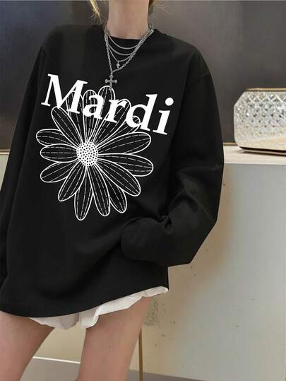 レディース キュート コットン ラウンドネック 長袖 レギュラーフィット Tシャツ デイジープリント 軽めのストレッチ素材で普段使いに最適