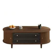 Coffee Table 100 X 50 X 36 Cm, Walnut Finish. Coffee Table With Two Drawers, Console Table With Roll-Up Door, Side Table, Living Room Table With 4 Legs, Walnut And Black Finish. - Walnut - View 7