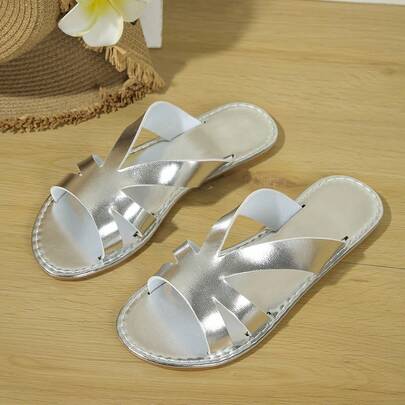 女士舒适简约露趾镂空平底拖鞋凉鞋，夏季休闲时尚沙滩鞋