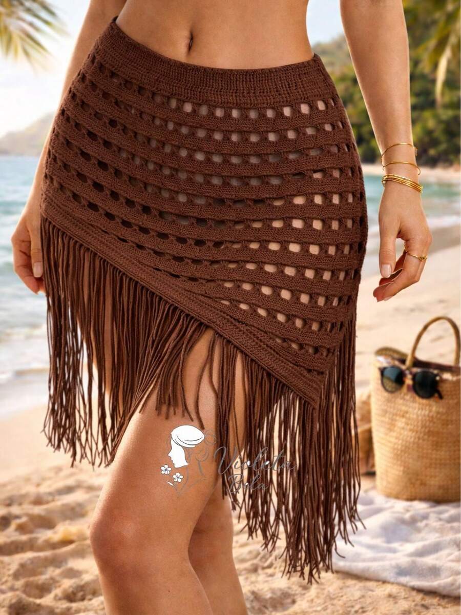 Ibiza Crochet Skirt With Fringe For Women, Elegant Beach Cover-Up, Openwork Fabric, Fringe, Cutout/Cutout, Vacation, Beach - 鏽棕色 - 查看 1