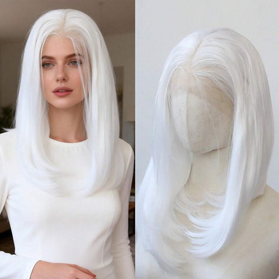 ZigZag Hair 14英寸短款波波头假发，合成蕾丝前白色假发，预先拔毛的自然发际线，耐热纤维高温丝假发，适合女性日常及节日佩戴 - 彩色 - 查看 1