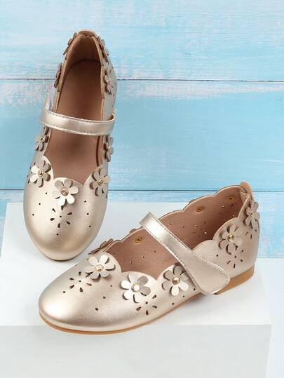 Girls Floral Hollow-Out Gold Princess Flat Shoes, Children Little Girl Shoes