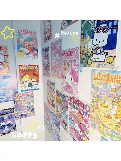 SANRIO 24pcs Cartoon Poster Set, Including Classic Cartoon Characters Like, Pachacuti, Vibrant Colors, Beautiful Patterns, Suitable For Wall Decor Or Collection, Medium Size, Applicable For Office, Bedroom And Other Decoration Scenarios, Perfect Holiday Gift And Room Decor