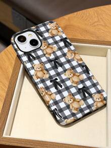 1pc Cute Cartoon Bear Bow Retro Plaid Pattern Glossy 2-In-1 Filmic Hard Phone Case, Suitable Compatible With Samsung/ 11/12/13/14/15/16/17 Pro Max - Multicolor - View 4