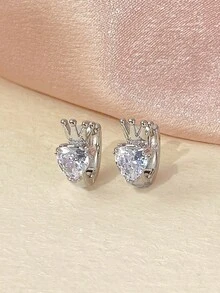 1 Pair Luxury Crown & Heart Zirconia Stud Earrings, Niche Design Elegant Earrings - Earrings - View 2
