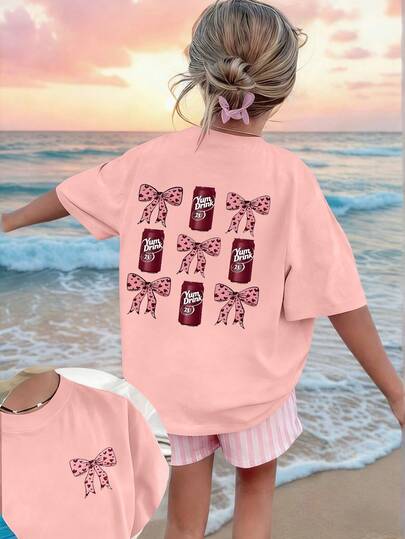 Tween Girl Leopard Bow And Soda Design Print Round Neck Short-Sleeved T-Shirt Comfortable New Spring And Summer Girls' Clothing