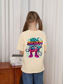 少女创意“六七67”卡通印花T恤，适合女孩户外运动、日常休闲穿着、街头风、校园风，是春夏百搭时尚上衣。 - 杏色 - 查看 2