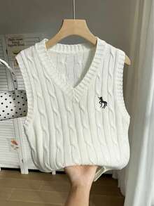 Early Spring New Knitted Casual Embroidered V-Neck Drawstring Vest Pullover, Collegiate Style For Women - Beige - View 4