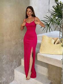 Long Plain Dress With Slit And Adjustable Straps For Wedding Party Bridesmaid Guest - 玫紅色 - 查看 1
