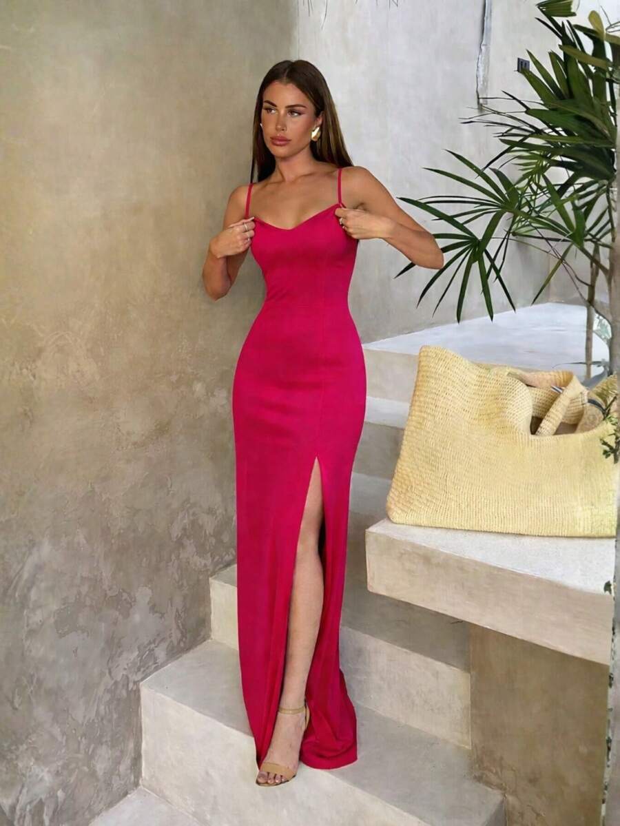 Long Plain Dress With Slit And Adjustable Straps For Wedding Party Bridesmaid Guest - 玫紅色 - 查看 1