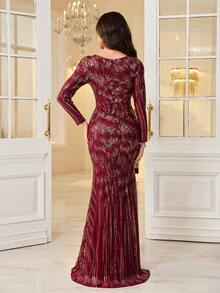 UNITHORSE 【随机裁剪】女士优雅圆领长袖收腰鱼尾亮片晚礼服 - 酒紅色 - 查看 3