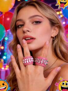 2 piezas de anillos con forma de dientes divertidos, anillos abiertos encantadores, diseño creativo de dibujos animados de material acrílico, anillos de moda - Multicolor - Ver 2