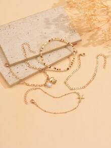 4pcs/Set Summer Beach Holiday Rice Bead Random Beaded Anklet, Starfish & Octopus Pendant Foot Jewelry, Suitable For Daily Wear And Beach Party - Multicolor - View 3