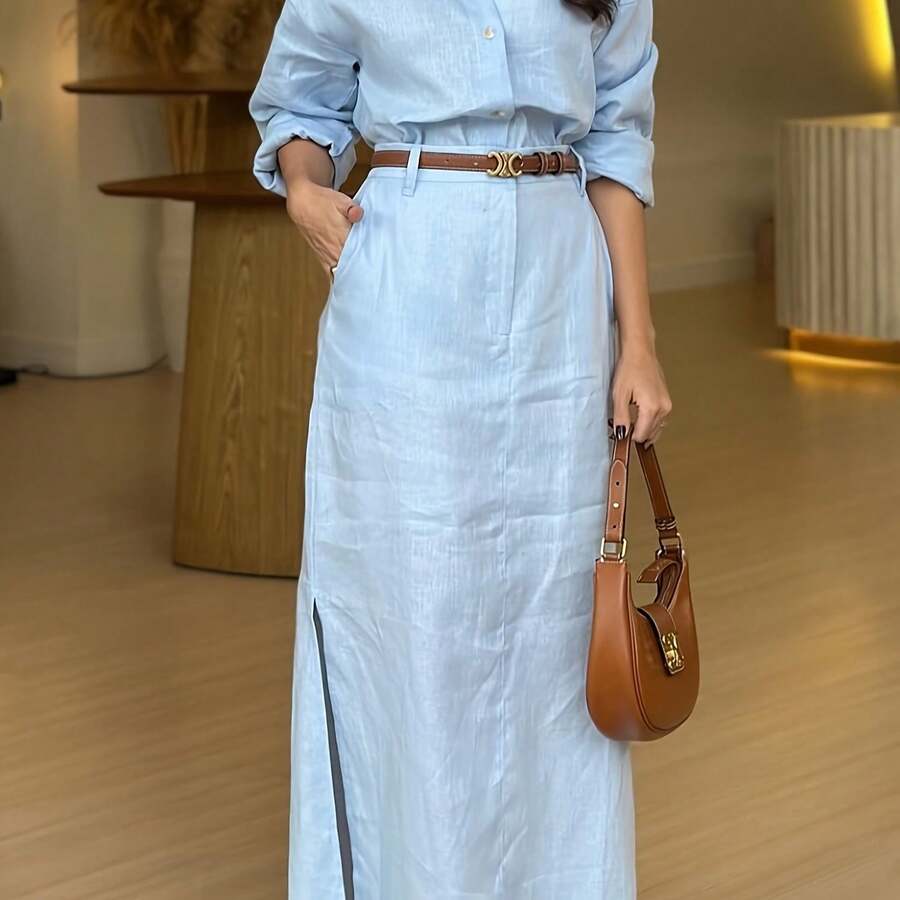 Self-Directed, Elegant And Fashionable Solid Color Shirt And Skirt Set For Spring And Summer - Light Blue - 查看 1
