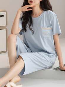 1 Set Women's Modal Short Sleeve & 3/4 Pants Soft Comfortable Pajamas - Baby Blue - View 3