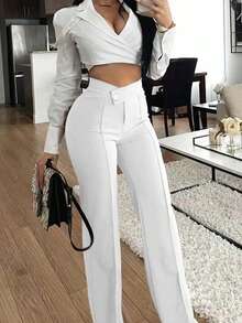 Women's Minimalist Solid Color High Waist Straight Leg Casual Long Coat, Suitable For Business, Party Or Commuting White Spring - White - View 4
