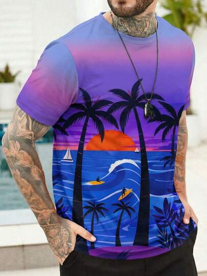 Áo thun nam tay ngắn in họa tiết ombre nhiệt đới, kiểu dáng thường ngày