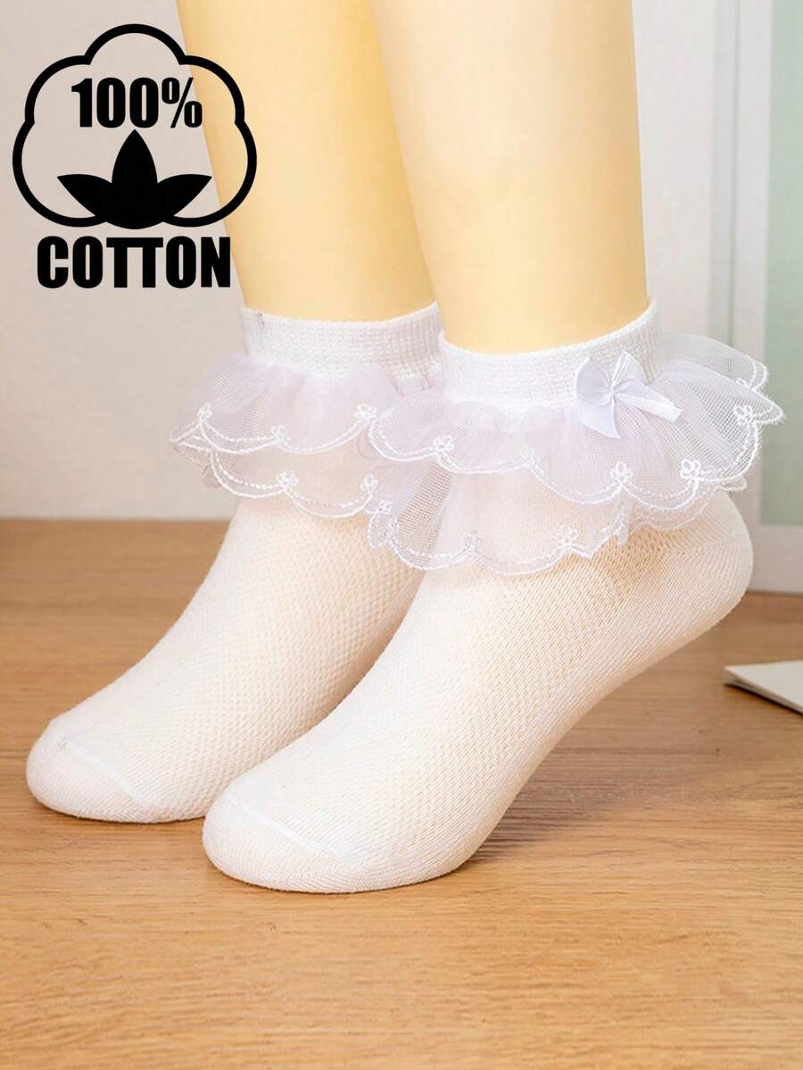 1 Pasang Kaos Kaki Jala Katun Polos untuk Anak Perempuan dengan Tali Ganda, Cocok untuk Menari, Pesta, dan Pemakaian Sehari-hari - Putih - View 1