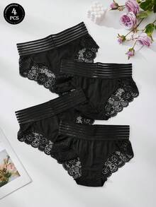4条装女士内裤 黑色内裤 黑色三角内裤 半透明中腰内裤 蕾丝内裤 性感蕾丝拼接设计 黑色蕾丝内裤 女士三角内裤 - 彩色 - 查看 1