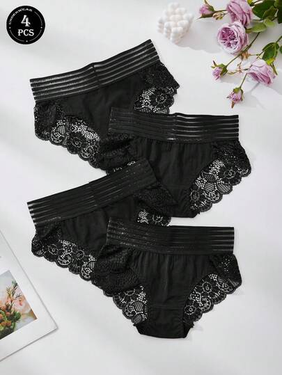 4条装女士内裤 黑色内裤 黑色三角内裤 半透明中腰内裤 蕾丝内裤 性感蕾丝拼接设计 黑色蕾丝内裤 女士三角内裤