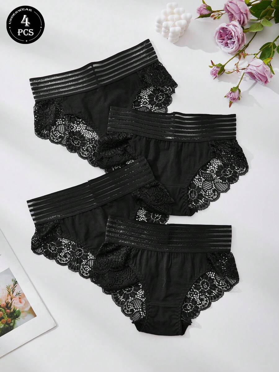 4条装女士内裤 黑色内裤 黑色三角内裤 半透明中腰内裤 蕾丝内裤 性感蕾丝拼接设计 黑色蕾丝内裤 女士三角内裤 - 彩色 - 查看 1
