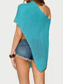 Women's Sheer Ponchos Off Shoulder Short Sleeve Solid Color T-Shirts Asymmetrical Knit Tops - 藍色 - 查看 2