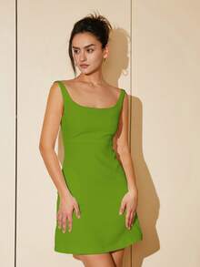 女士纯色收腰无袖迷你连衣裙，夏季商务休闲度假派对优雅装扮 - 橄欖綠 - 查看 7