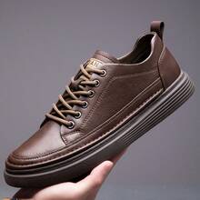 Men's Leather Lace-Up Low Top Casual Sneakers, Non-Slip Wear-Resistant Thick Sole Comfortable Fashion Walking Shoes For Daily Commute Outdoor Activities Business Casual Daily Wear - 棕色 - 查看 5