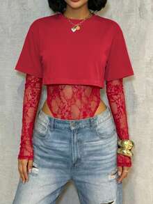 Women's Sexy Lace Patchwork T-Shirt, 2 In 1 Top, Solid Color Bodysuit, Suitable For Daily Wear, Dating, Singles Party, Stage Performance And Concerts, Spring/Summer Elegant - Red - View 8