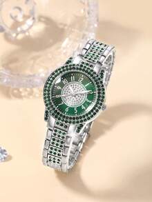 Women's Watch Set, Fashionable Round Dial Quartz Watch With Rhinestone Inlaid, Including Necklace, Earrings, Bracelet, Ring For Daily Wear, Birthday Gift, Party, Holiday Gathering, Excluding Gift Box - Silver - View 2