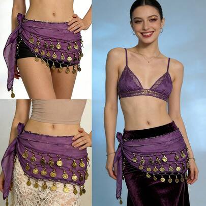 一件手工制作的多色人像金属布腰裙，装饰性感肚皮舞服装，纱丽风格，适合舞台、锐舞派对、嘉年华表演。也适合派对、夜生活、海滩装扮、波西米亚风、复古风、节日服装及配饰。