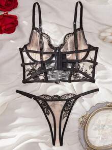 Women's Erotic Naughty Lingerie Floral Embroidery Sheer Bra Tops And Thong Sets For Cosplay Party - 黑色 - 查看 6