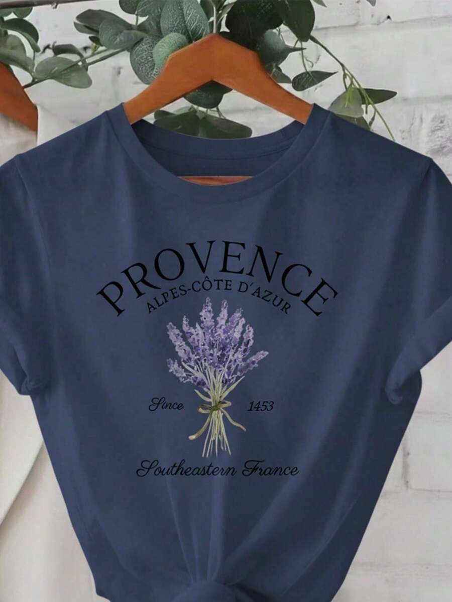 Tshirt Feminina Estilosa Estampada Provence Lançamento Camiseta 100% Algodão Camisetão Solta Oversized Plus Size Camiseta - Maresia - Azul Marinho - Visão 1