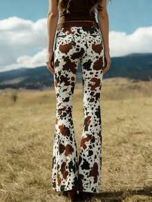 Western Fashion Denim Print Pocket Flare Pants, Casual Vacation Date Outfit Cool Girl Long Trousers Spring - Multicolor - View 6