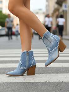 Women's Distressed Raw Edge High Heel Western Boots, Blue Embroidered Ankle Boots, Side Zipper Pointed Toe Thick Heel Design, Suitable For Various Festivals, Music Festivals, Country Parties, With Jeans, Shorts, Skirts, Overalls - 藍色 - 查看 2