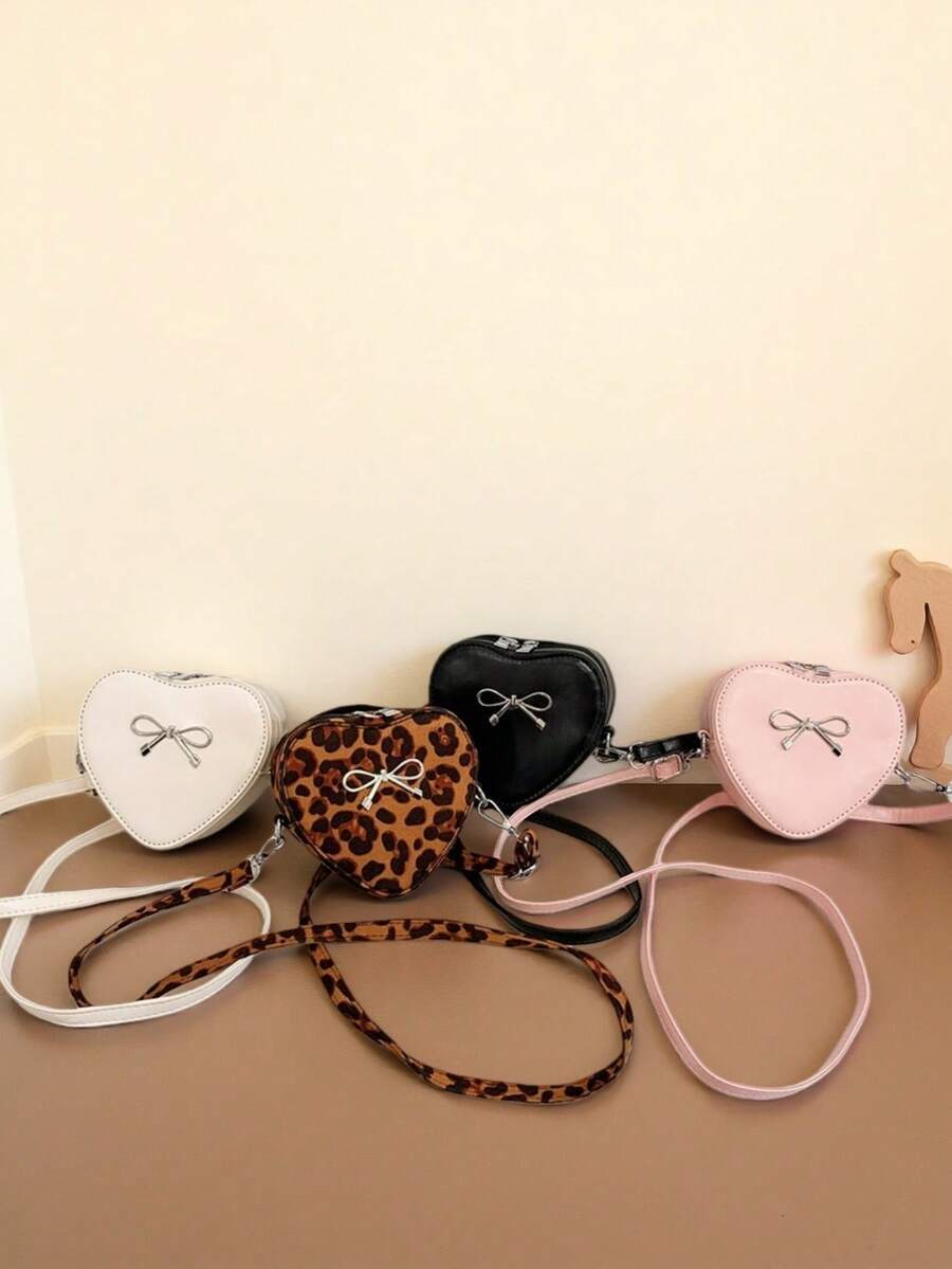 Túi đeo chéo hình trái tim bằng chất liệu PU, khóa kéo, dành cho bé gái, thích hợp sử dụng hàng ngày trong mọi mùa.